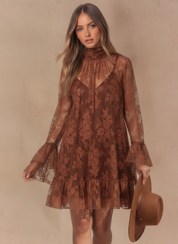 Lena Chiffon Floral Relaxed Fit Ruffled Mini Dress in Brown