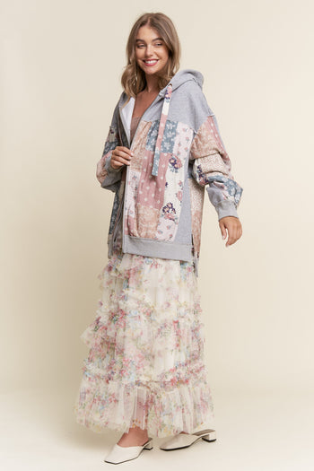 J.nna Multi Pattern Patched Hooded Jacket in Multi Grey