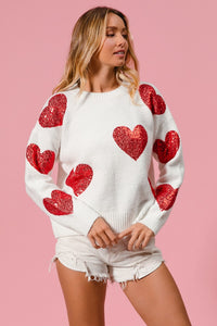 BiBi Valentine Knit Sweater with Sequin Hearts in Ivory/Red