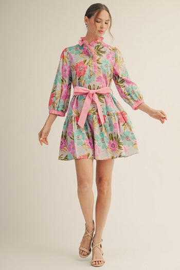 Jodifl Floral Print Tiered Mini Dress in Pink Mix