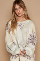 POL Tie Dye Thermal Knit Top with Contrasting Floral and Lace Fabric in Sage Multi