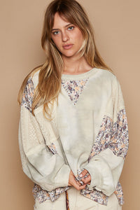 POL Tie Dye Thermal Knit Top with Contrasting Floral and Lace Fabric in Sage Multi ON ORDER