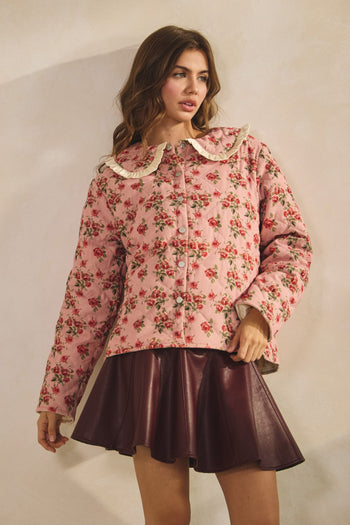 LovLov Vintage Quilted Floral Sailor Jacket in Floral Mauve