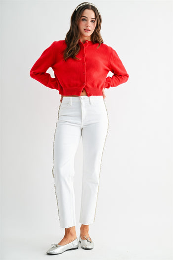 Mica Denim High Rise Rhinestone Embellished Straight Leg Jeans in Alabaster Snow