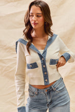 Load image into Gallery viewer, So Me FITTED Knit Sweater Cardigan with Contrasting Denim Details in Ivory
