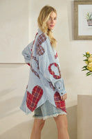 Oli & Hali Mineral Washed OVESIZED Top with Mixed Plaid Heart Patches in Blue