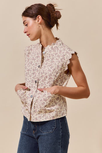 So Me Twill Floral Print Vest in Cream Multi