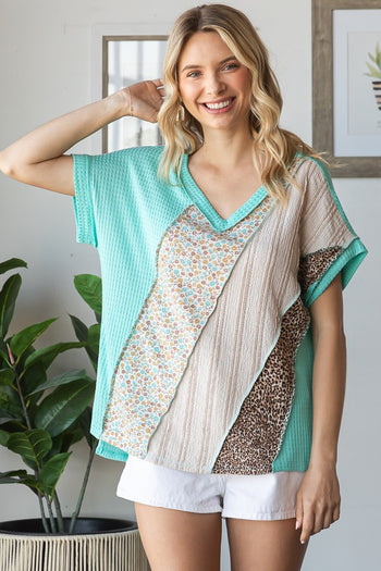7th Ray Mixed Print Textured Patchwork Top in Mint