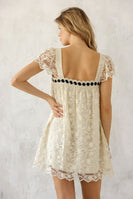 Storia Lace Contrast Ribbon Mini Dress in Cream/Black