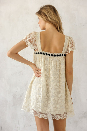 Storia Lace Contrast Ribbon Mini Dress in Cream/Black