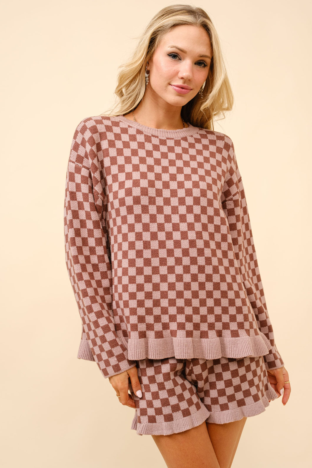 Blue B Cozy Knit Checkerboard Set with Frill Ruffles in Walnut