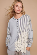 Load image into Gallery viewer, POL OVERSIZED Thermal and Woven Knit Top with Crochet Patch Details in Heather Grey
