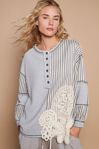 POL OVERSIZED Thermal and Woven Knit Top with Crochet Patch Details in Heather Grey