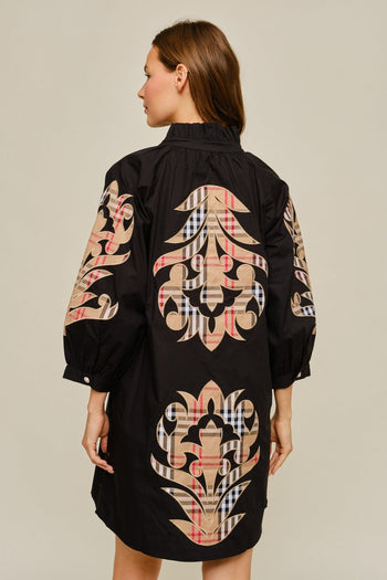 Jodifl Check Pattern Baroque Applique Dress in Black
