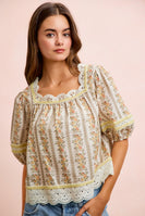 BiBi Floral Stripe Printed Lace Trim Detail Top in Cream