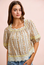 Load image into Gallery viewer, BiBi Floral Stripe Printed Lace Trim Detail Top in Cream
