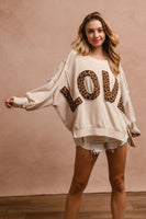 BiBi OVERSIZED Solid Color Top with Leopard "LOVE" Letter Patches in Oatmeal ON ORDER