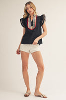 Jodifl Solid Color Woven Top with Plaid Accents in Black
