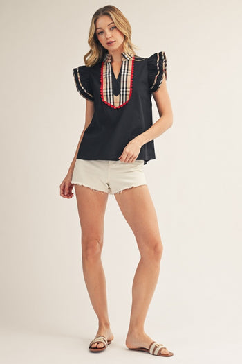 Jodifl Solid Color Woven Top with Plaid Accents in Black