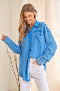 Davi & Dani Textured Knit Button Down Top in Bubble Blue