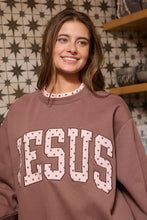 Load image into Gallery viewer, BucketList “JESUS” Heart Applique Varsity Sweatshirt in Brown
