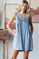 Veveret Pleated Denim Mini Dress in Light Wash