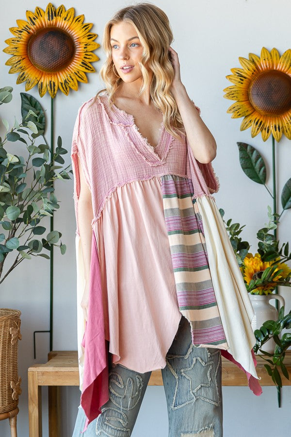 Oli & Hali OVERSIZED Mixed Fabric Babydoll Top in Pink