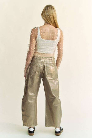 Davi & Dani Sheer Mesh Pearl and Stone Embellished Top in Nude