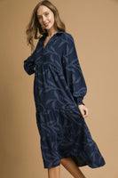Umgee Solid Color Textured Leaf Pattern Midi Dress in Navy