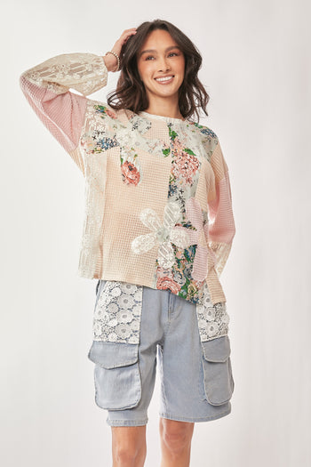 Davi & Dani Contrasting Fabric and Lace Top in Beige