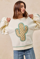 BiBi Fleece Sweatshirt with Embroidered Cactus Patch on Front in Cream