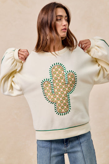BiBi Fleece Sweatshirt with Embroidered Cactus Patch on Front in Cream