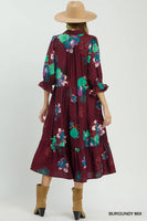 Umgee Floral Print Tiered Midi Dress with Puff Sleeves in Burgundy Mix