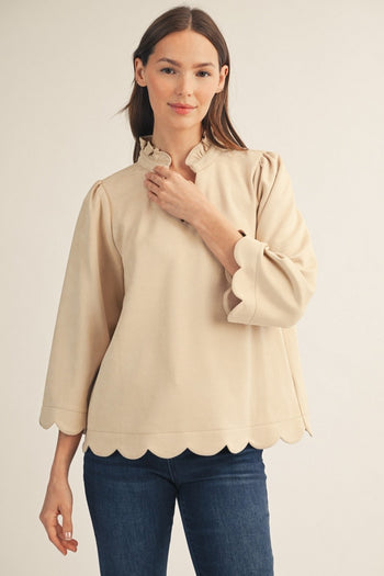 Jodifl Scallop Edge Detail Faux Suede Top in Champagne