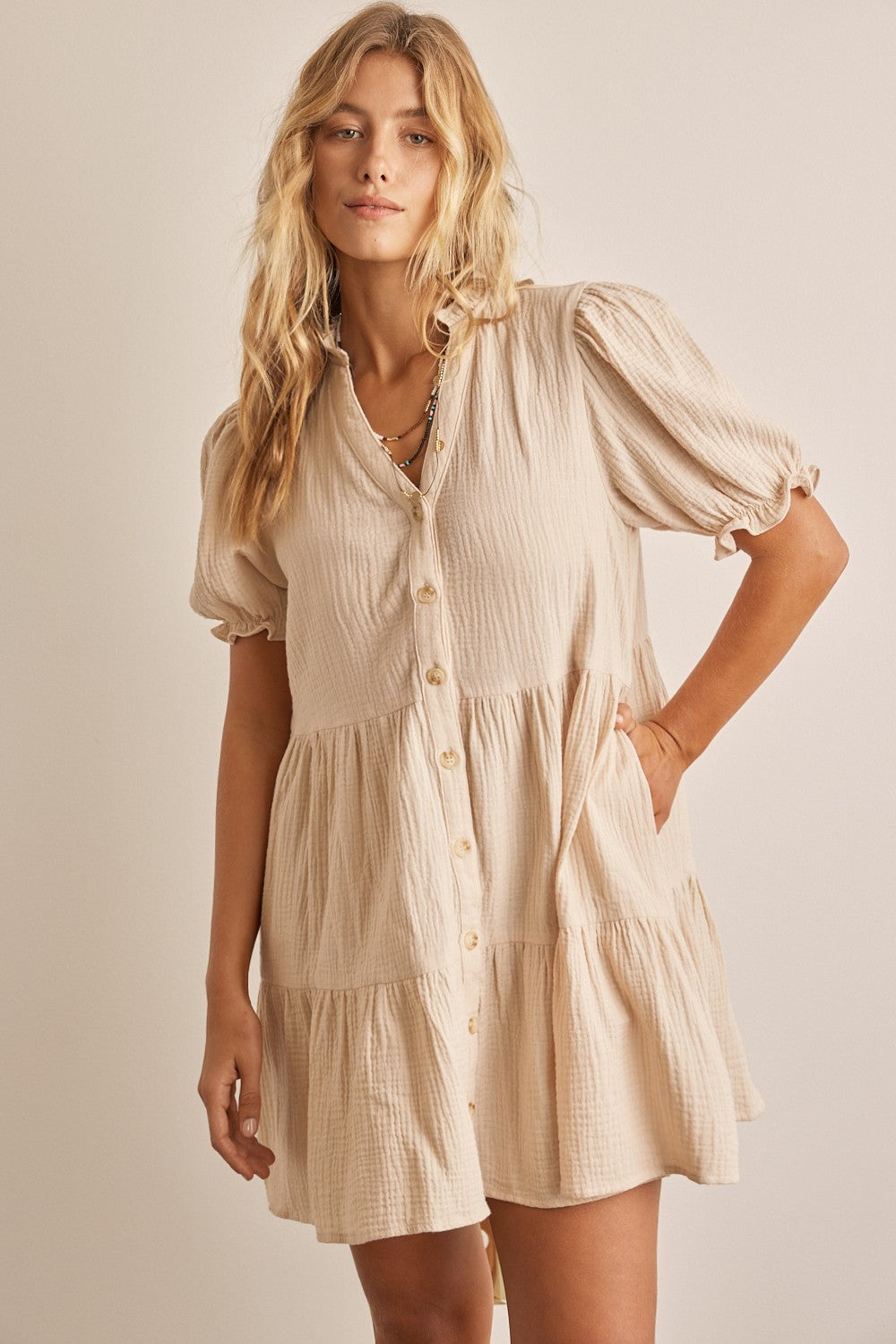 In February Button Down Tiered Dress in Natural Dress In February   