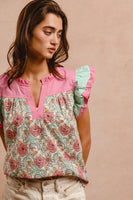 BiBi Floral Print Top with Contrasting Double Ruffle Sleeves in Rose Pink