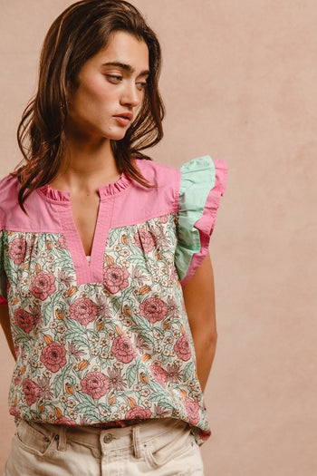 BiBi Floral Print Top with Contrasting Double Ruffle Sleeves in Rose Pink
