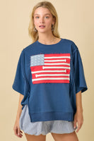 Main Strip OVERSIZED American Flag Patchwork Terry Knit Top in Dark Blue