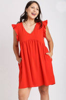 Umgee Dress with Short Ruffled Sleeves in Poppy Red