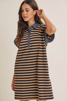 In February Yacht Club Relaxed Fit Casual Stripe Polo Mini Dress in Navy/Latte