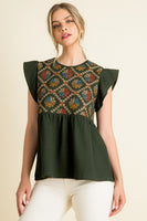 THML Ribbed Knit Top with Embroidery Details in Olive