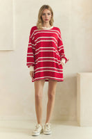Veveret Coastal Breeze Stripe Sweatshirt Dress in Red Combo