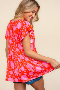 Haptics Floral Print Peplum Babydoll Top in Red/Pink