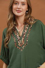 Load image into Gallery viewer, Umgee Leopard Trim Dolman Sleeve Blouse in Olive
