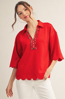 Jodifl Scallop Edge Top with Animal Print Detail in Red
