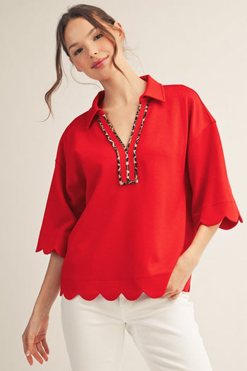 Jodifl Scallop Edge Top with Animal Print Detail in Red