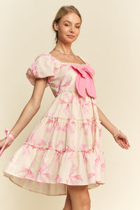 Davi & Dani Bow Print Tiered Mini Dress in Pink