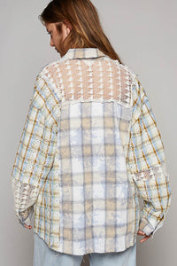 POL Plaid and Crochet Button Down Top in Blue/Choco Multi Shirts & Tops POL Clothing   