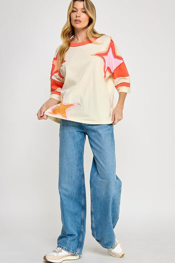 Sage+Fig OVERSIZED Color Block Star Patch Applique Top in Ivory