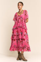Davi & Dani Floral Printed Ruffled Dress in Orchid Pink